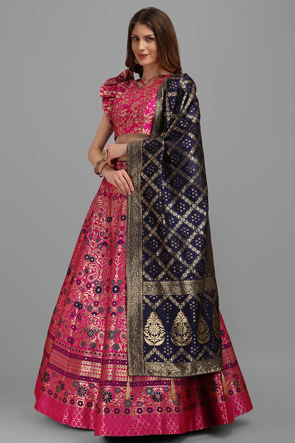 Rani Pink Jacquard Woven Lehenga Choli