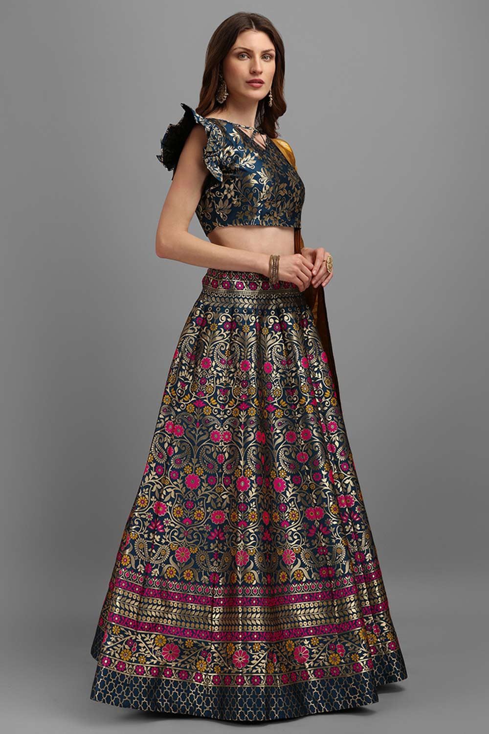 Teal Jacquard Woven Lehenga Choli