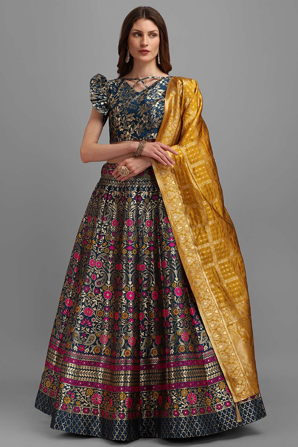 Teal Jacquard Woven Lehenga Choli