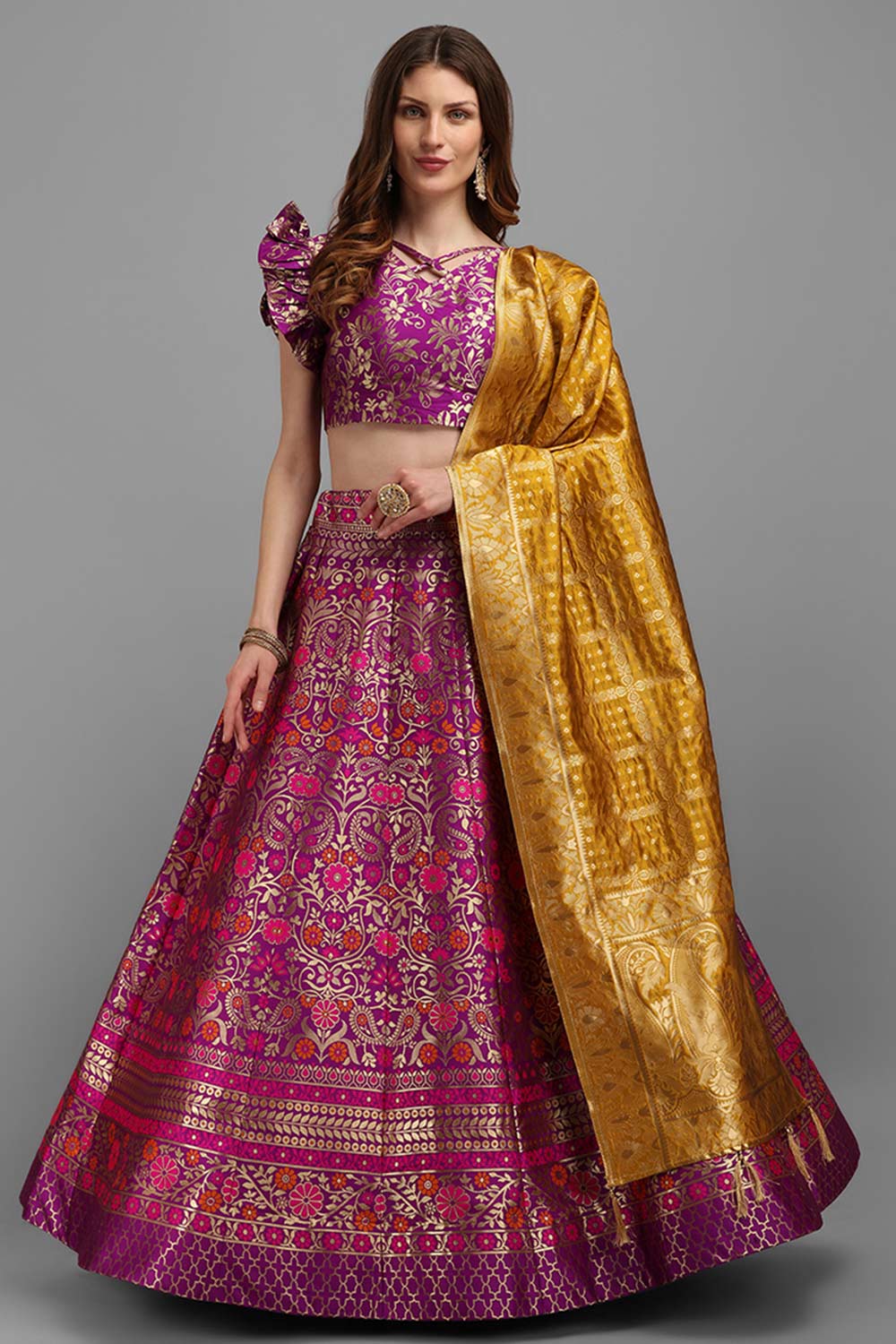 Purple Jacquard Woven Lehenga Choli