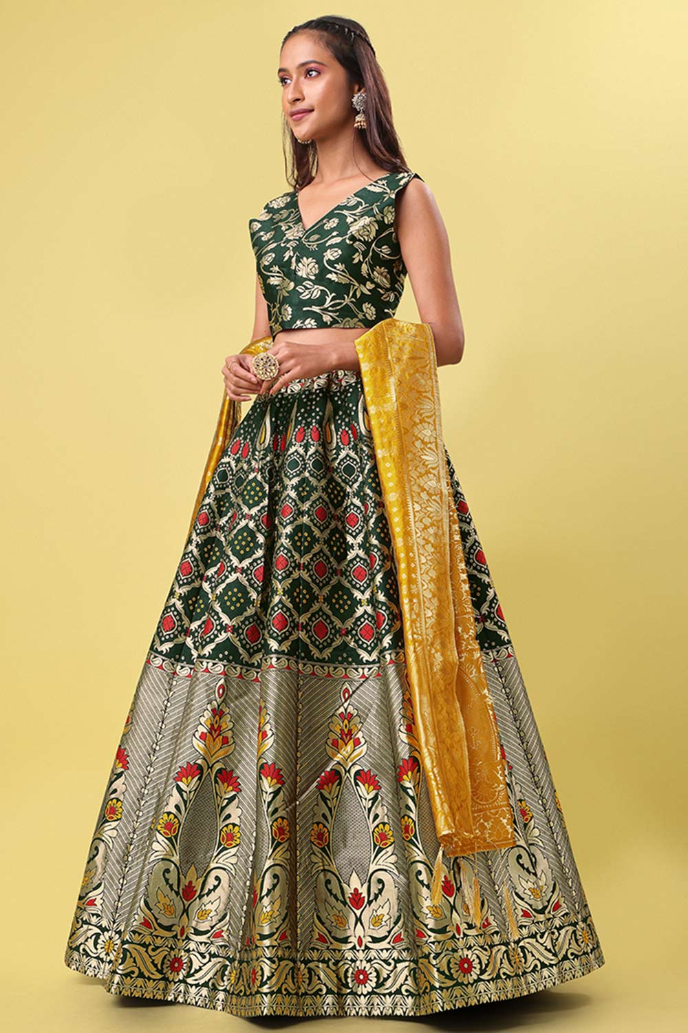 Dark Green Jacquard Woven Lehenga Choli