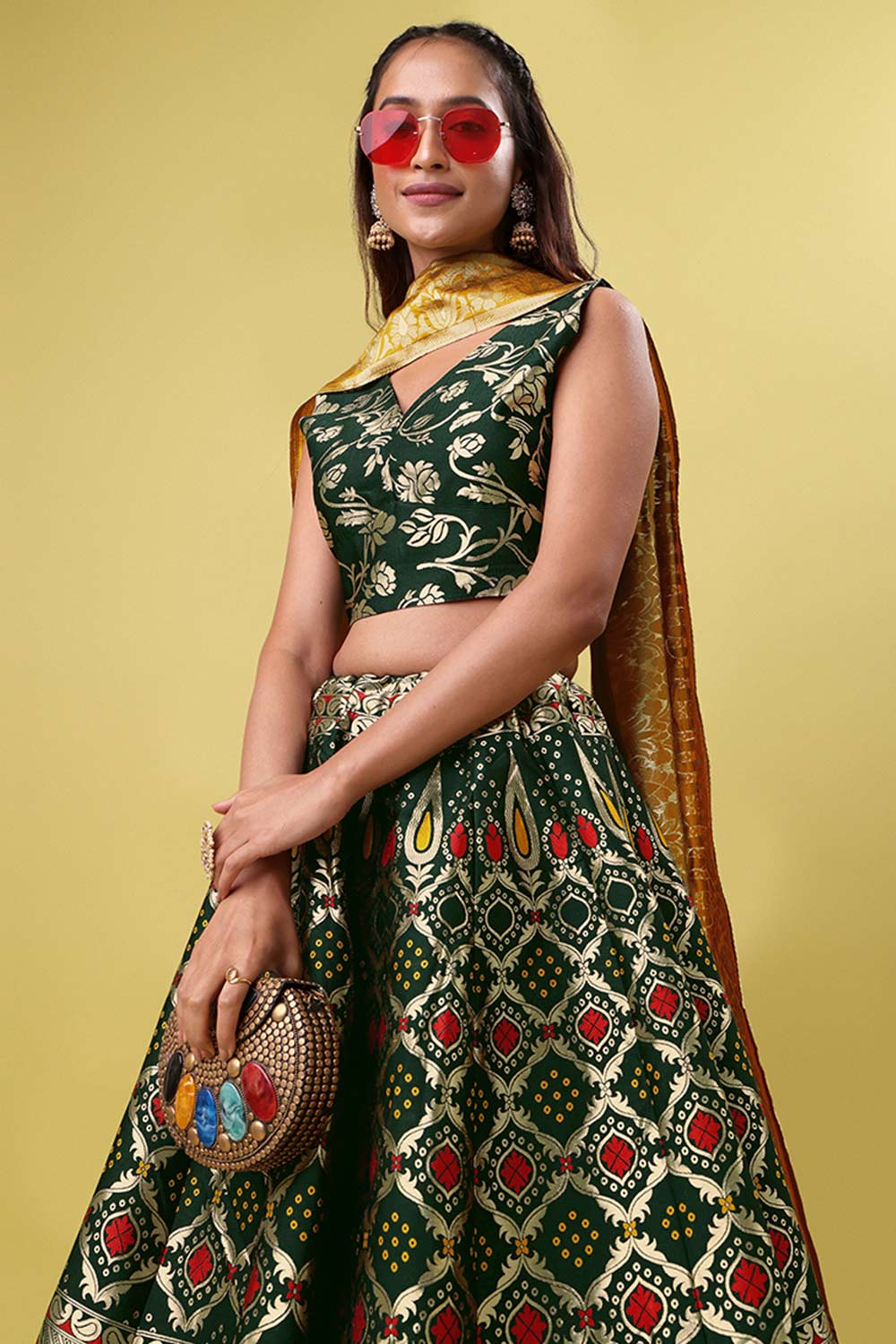 Dark Green Jacquard Woven Lehenga Choli