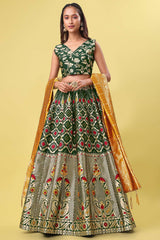 Dark Green Jacquard Woven Lehenga Choli