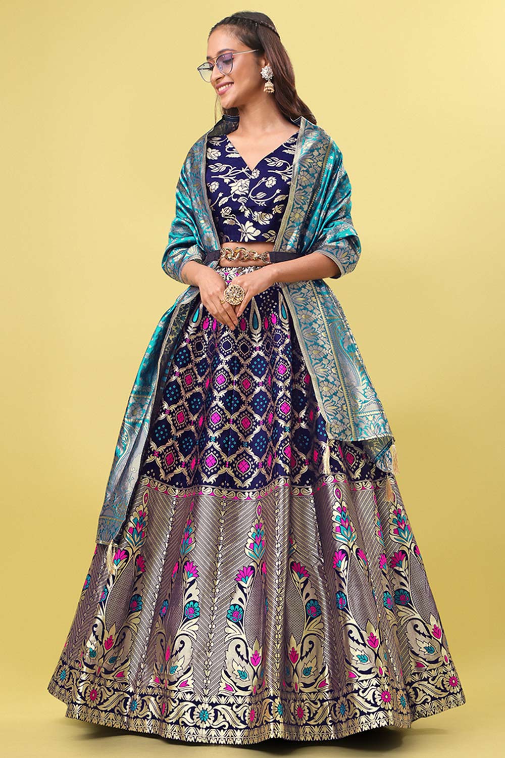 Navy Blue Jacquard Woven Lehenga Choli