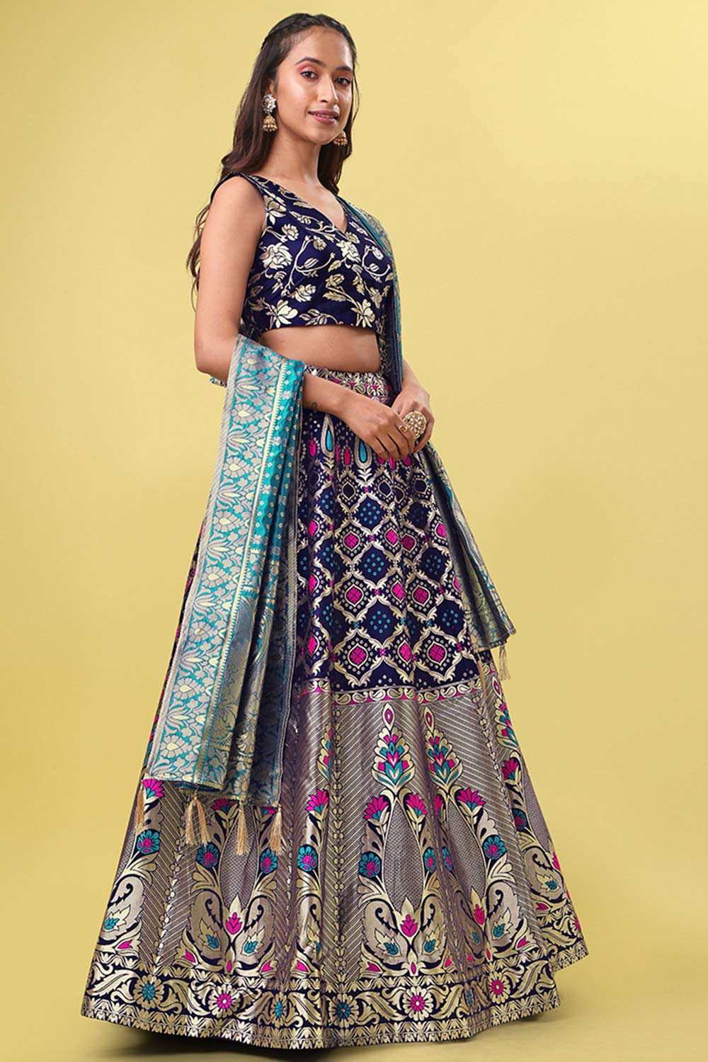 Navy Blue Jacquard Woven Lehenga Choli