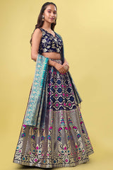 Navy Blue Jacquard Woven Lehenga Choli