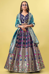 Navy Blue Jacquard Woven Lehenga Choli