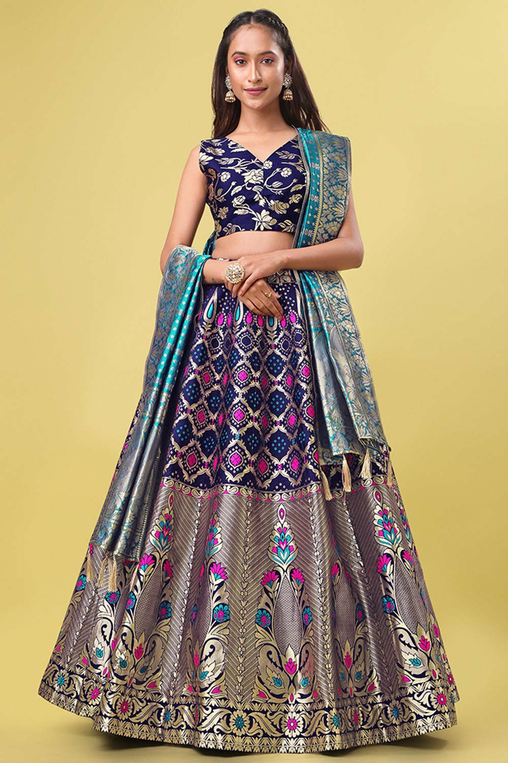 Navy Blue Jacquard Woven Lehenga Choli