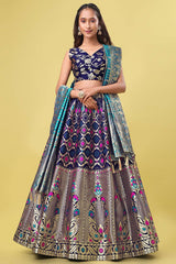 Navy Blue Jacquard Woven Lehenga Choli