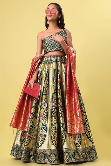 Dark Green Jacquard Woven Lehenga Choli