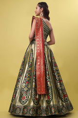 Dark Green Jacquard Woven Lehenga Choli