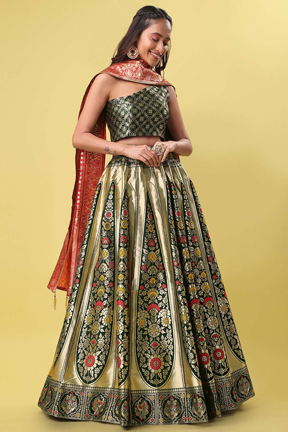 Dark Green Jacquard Woven Lehenga Choli