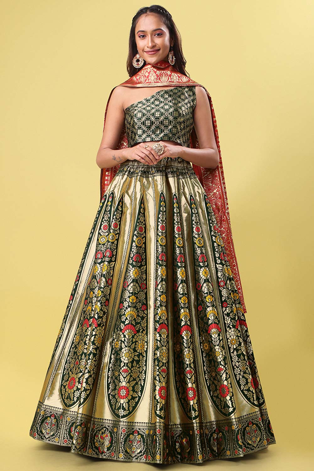 Dark Green Jacquard Woven Lehenga Choli