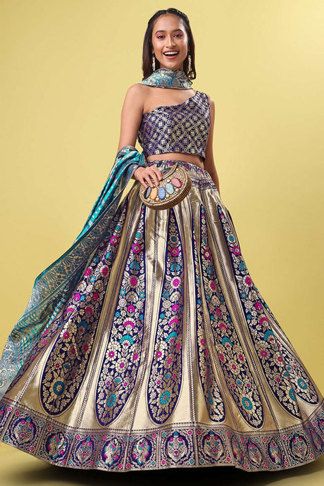 Navy Blue Jacquard Woven Lehenga Choli