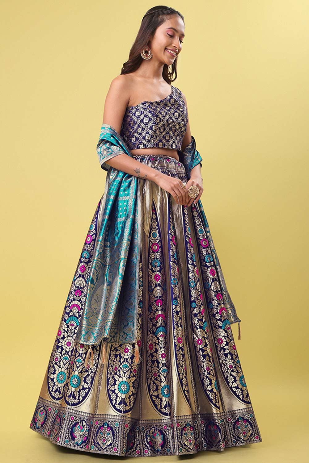 Navy Blue Jacquard Woven Lehenga Choli