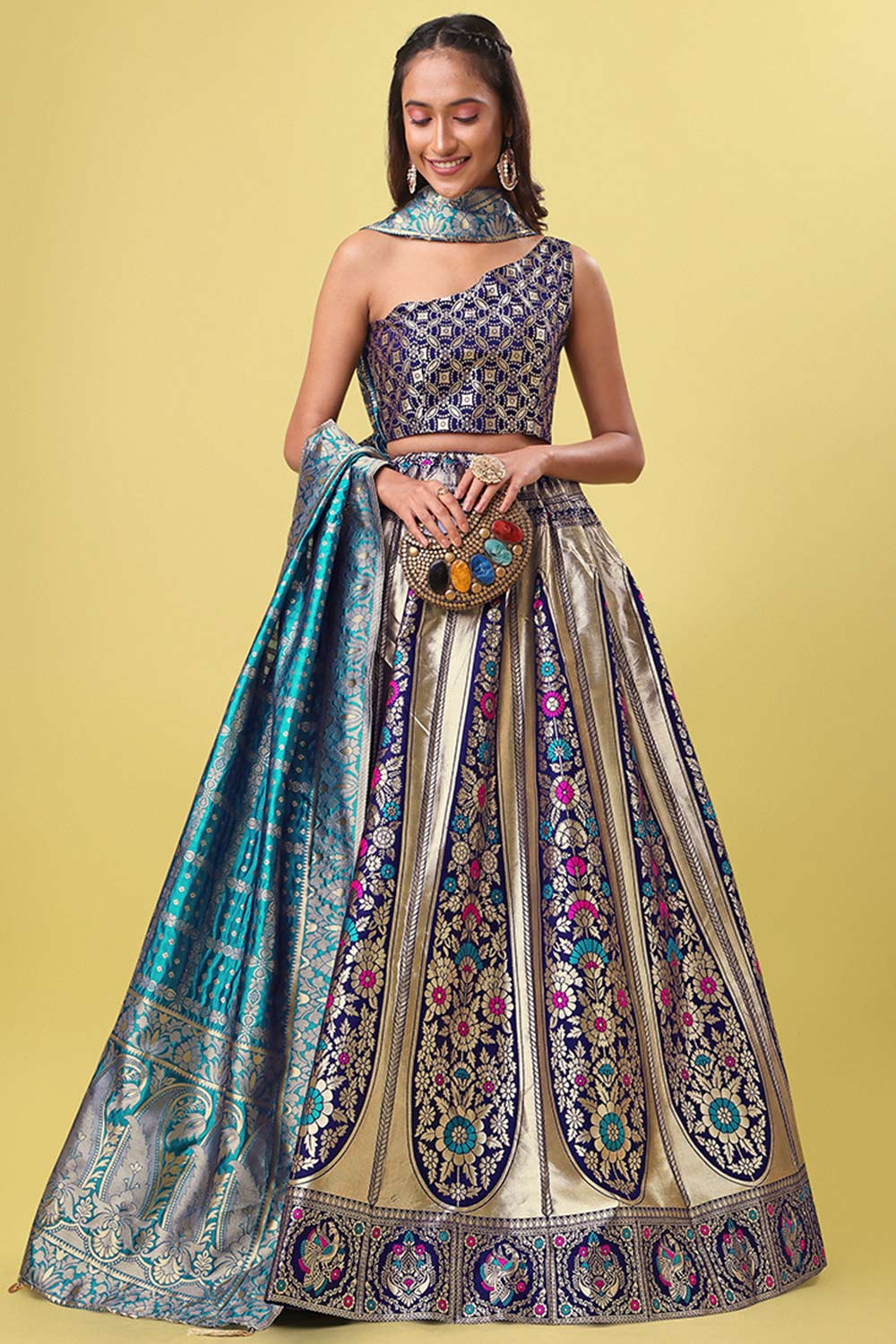 Navy Blue Jacquard Woven Lehenga Choli