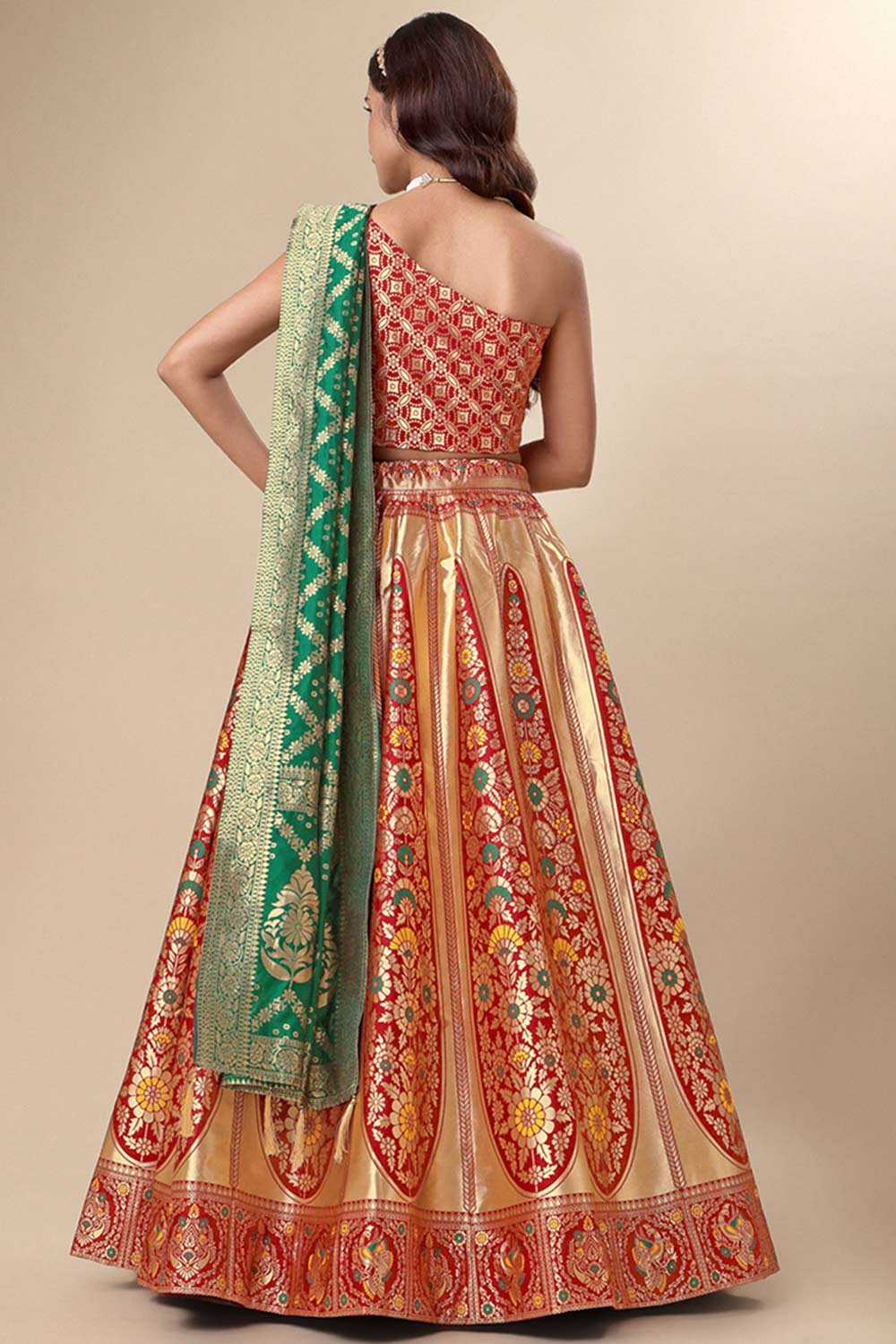 Red Jacquard Woven Lehenga Choli