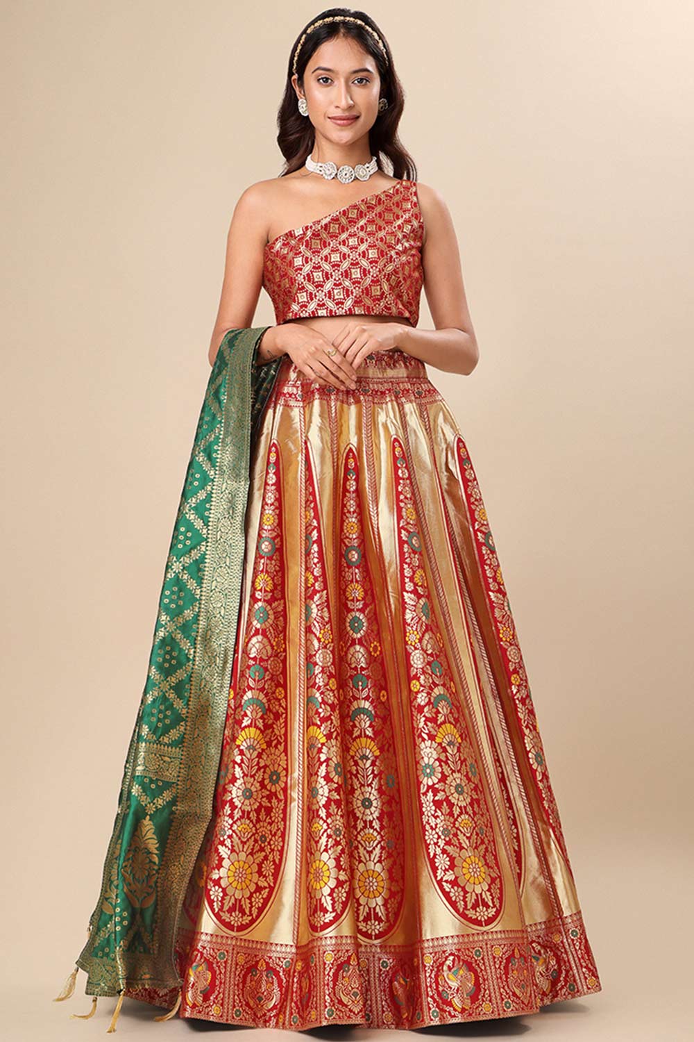 Red Jacquard Woven Lehenga Choli