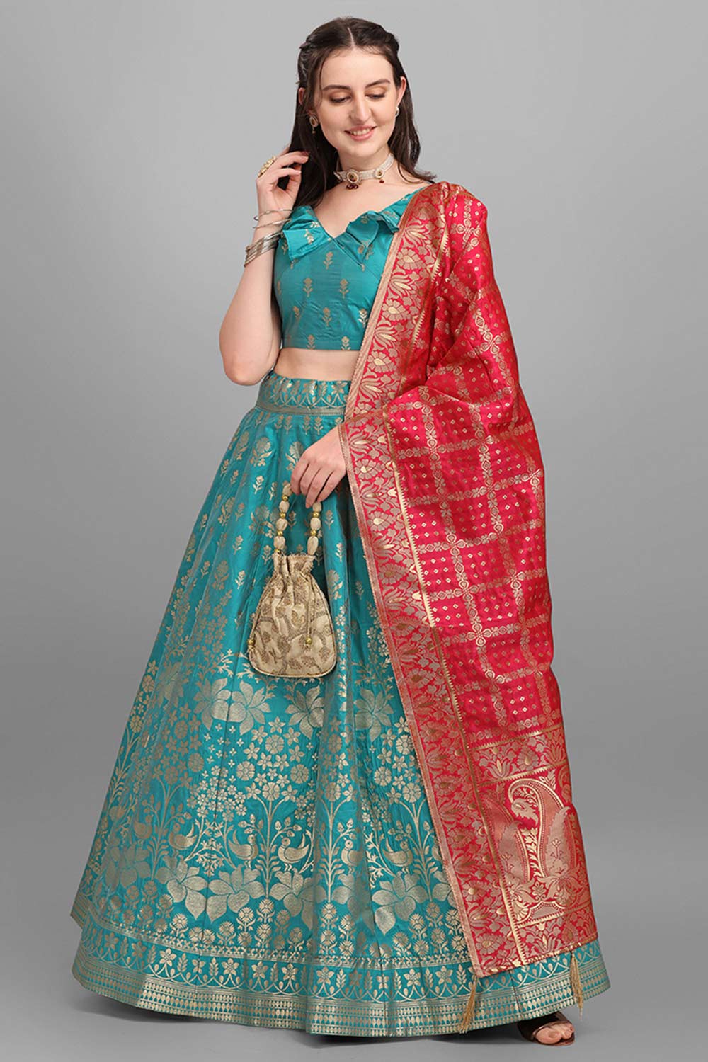 Turquoise Jacquard Woven Lehenga Choli