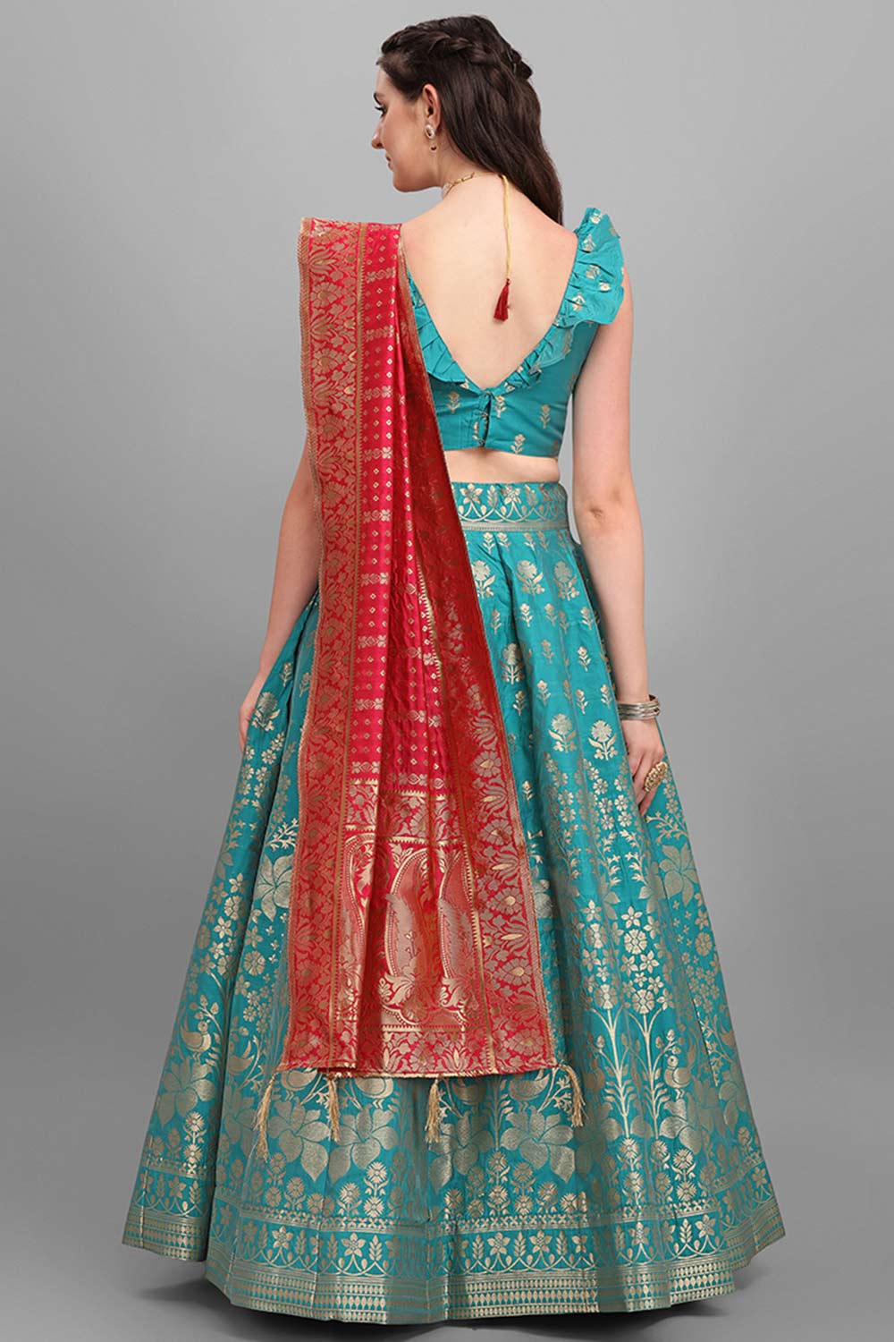 Turquoise Jacquard Woven Lehenga Choli