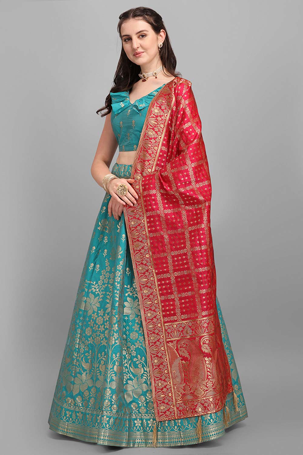 Turquoise Jacquard Woven Lehenga Choli