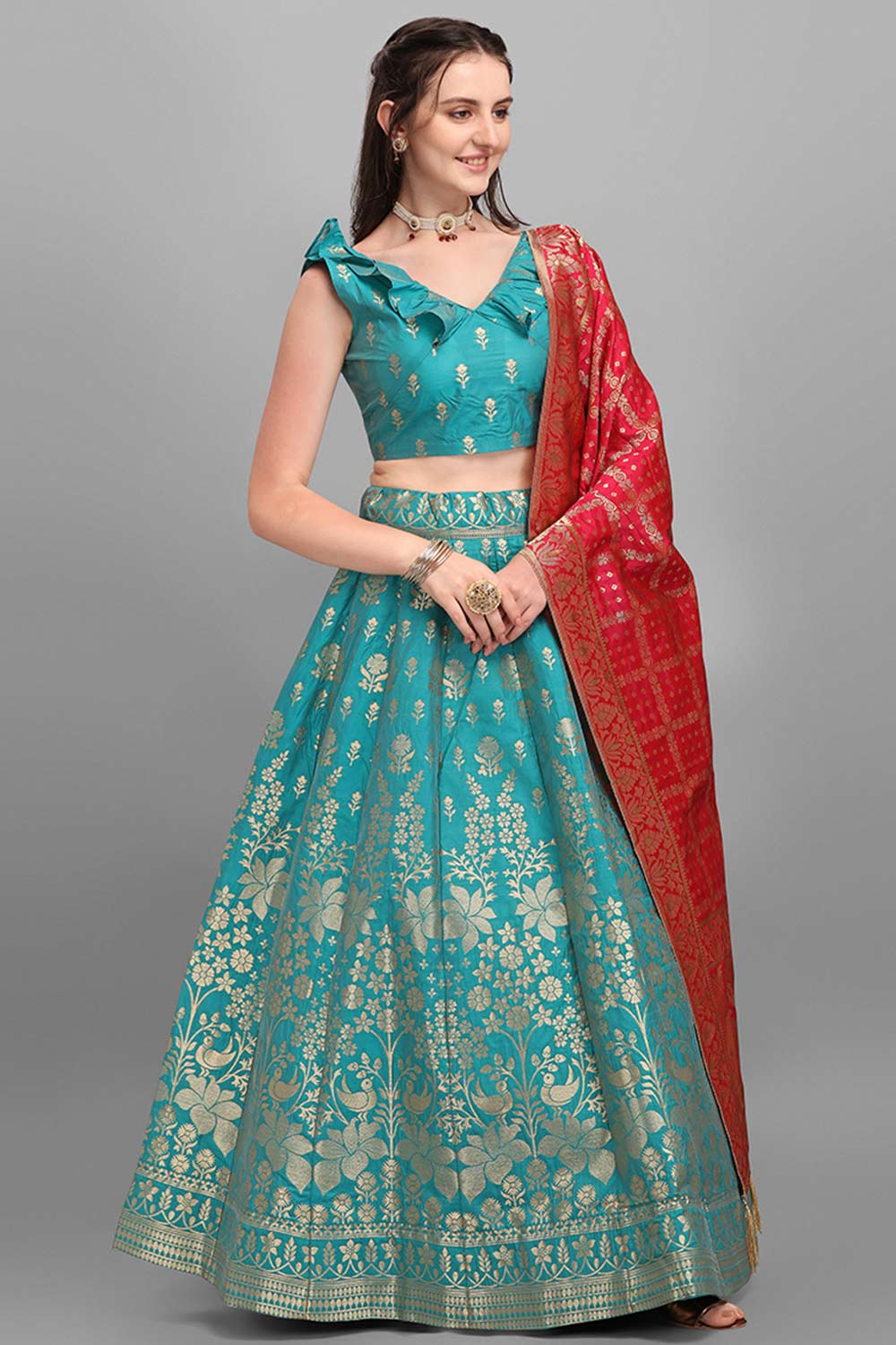 Turquoise Jacquard Woven Lehenga Choli