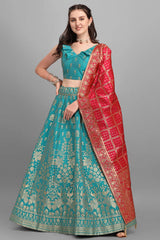 Turquoise Jacquard Woven Lehenga Choli