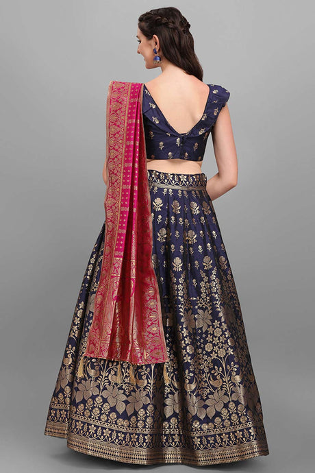 Navy Blue Jacquard Woven Lehenga Choli