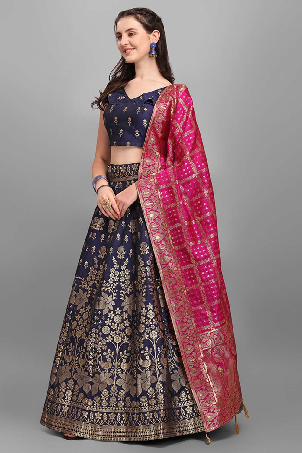 Navy Blue Jacquard Woven Lehenga Choli