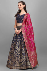 Navy Blue Jacquard Woven Lehenga Choli