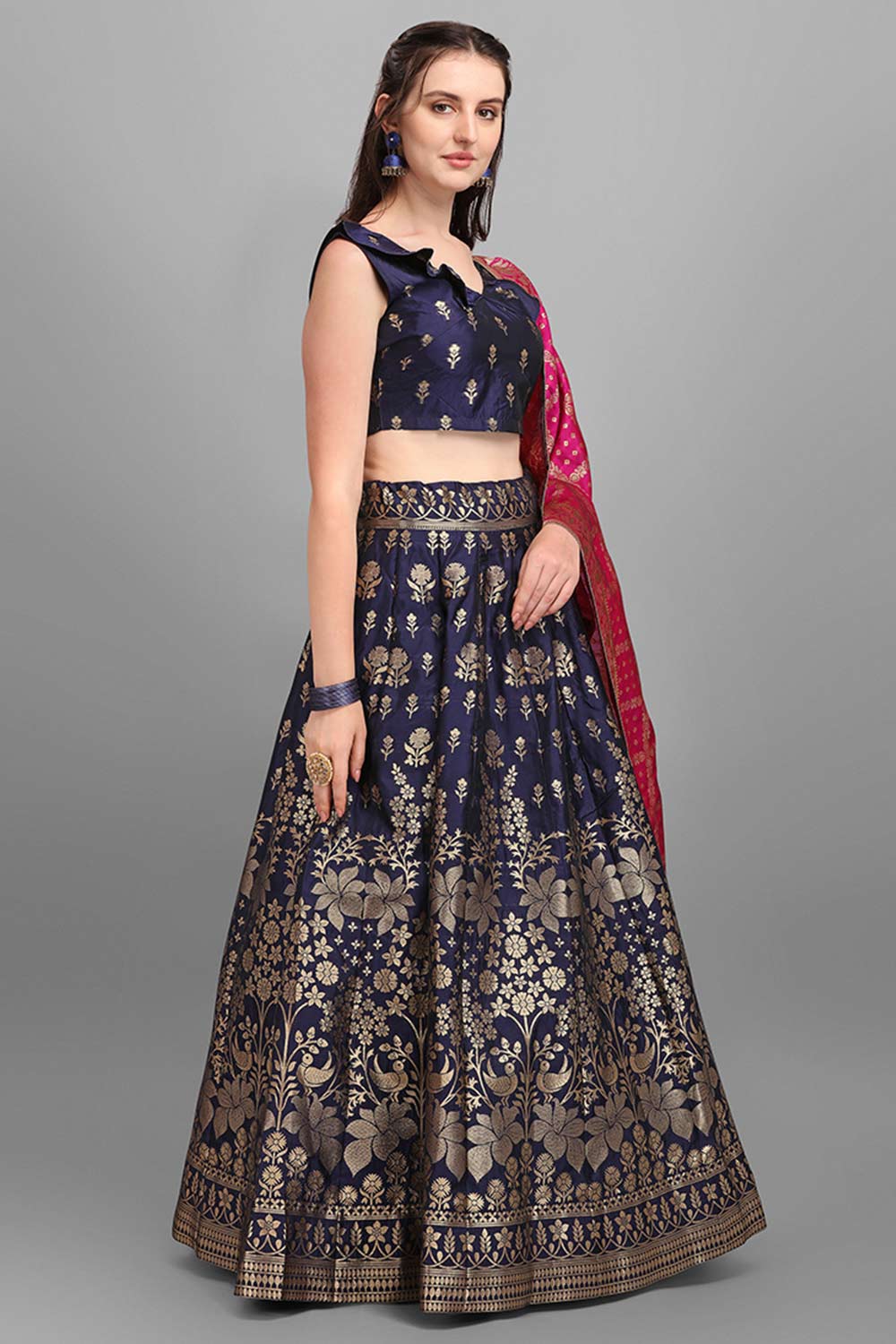 Navy Blue Jacquard Woven Lehenga Choli