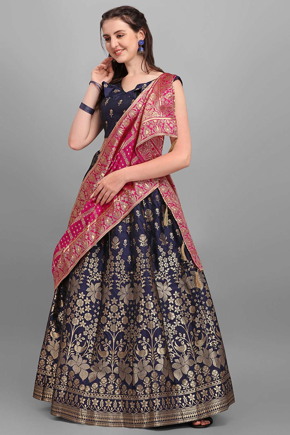 Navy Blue Jacquard Woven Lehenga Choli