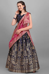 Navy Blue Jacquard Woven Lehenga Choli