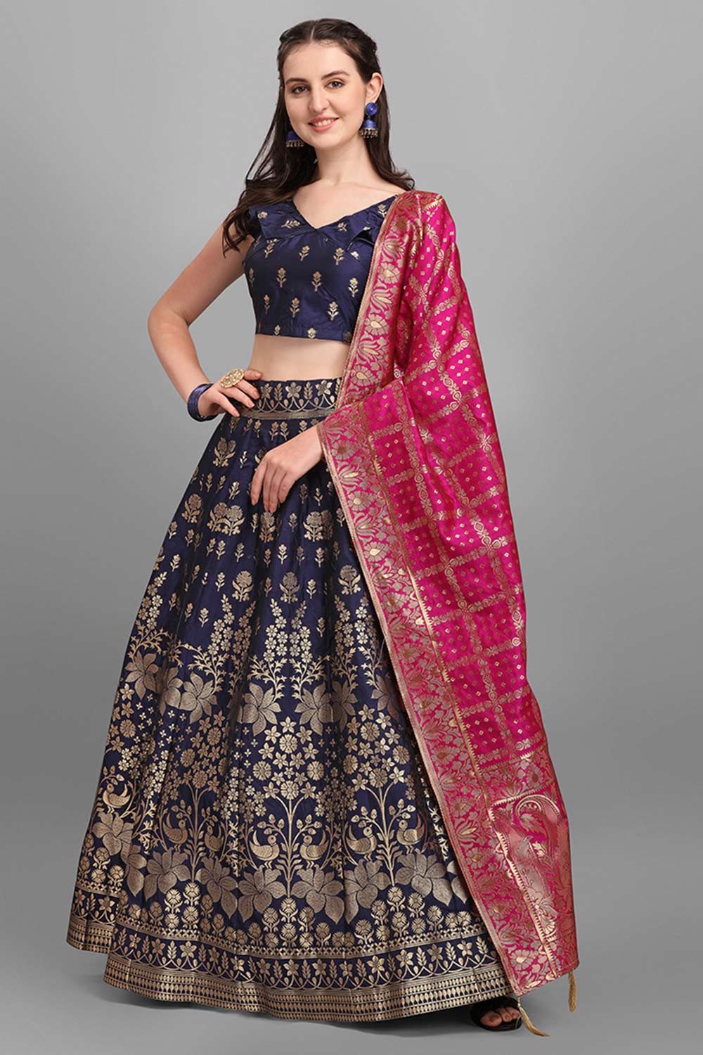 Navy Blue Jacquard Woven Lehenga Choli