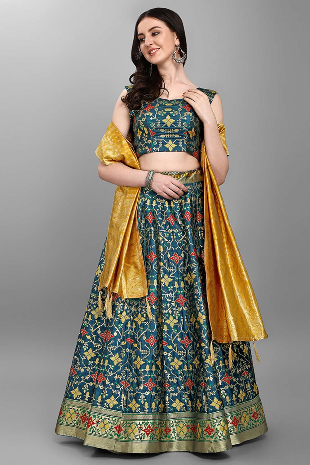 Teal Jacquard Woven Lehenga Choli