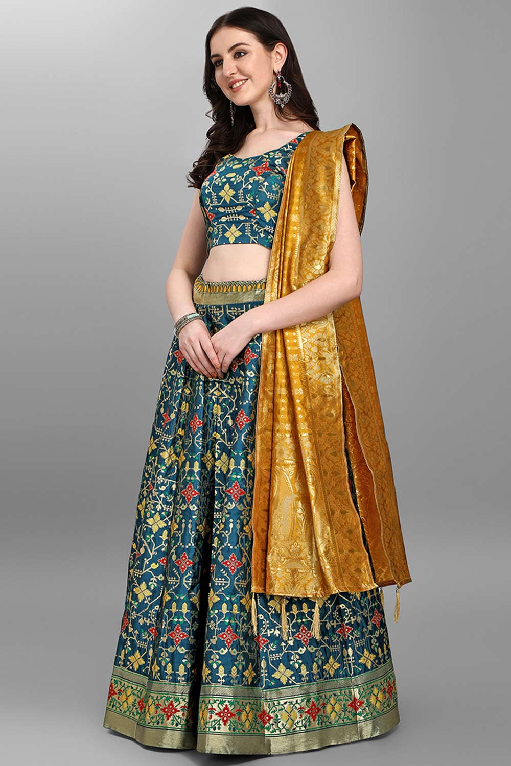 Teal Jacquard Woven Lehenga Choli