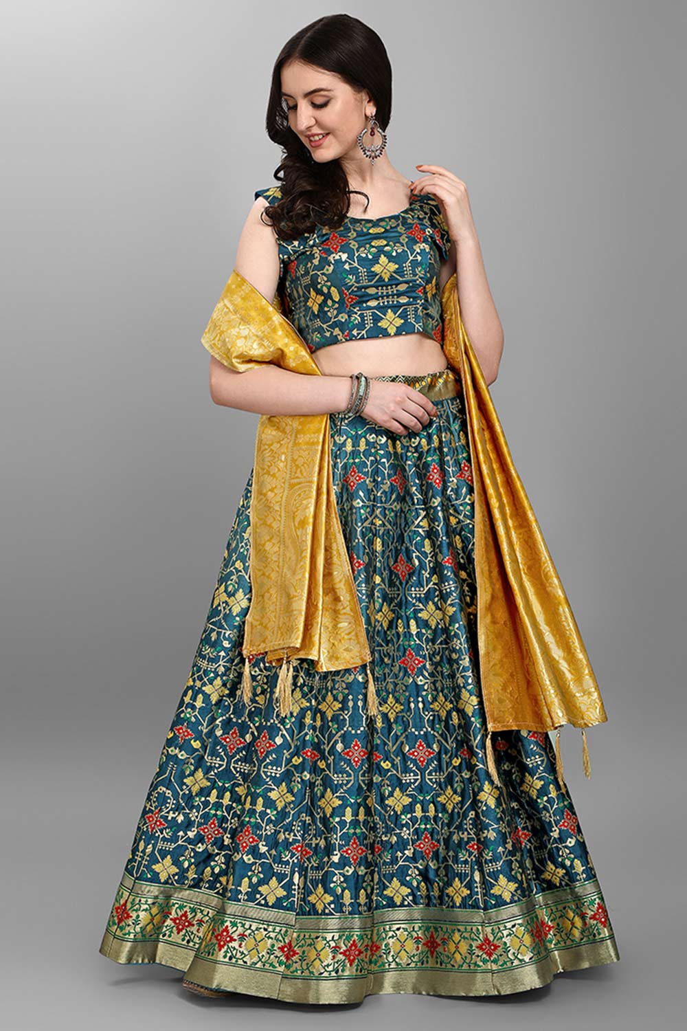 Teal Jacquard Woven Lehenga Choli