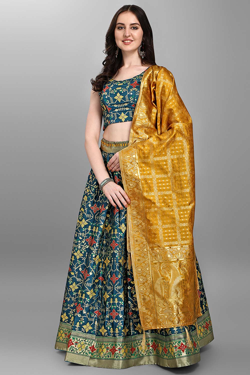 Teal Jacquard Woven Lehenga Choli