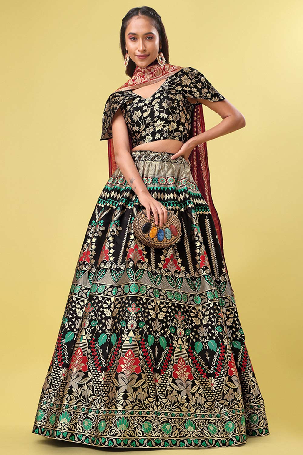 Black Jacquard Woven Lehenga Choli