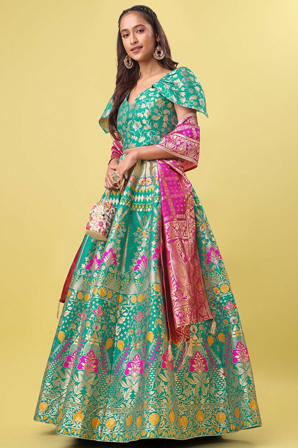 Sea Green Jacquard Woven Lehenga Choli