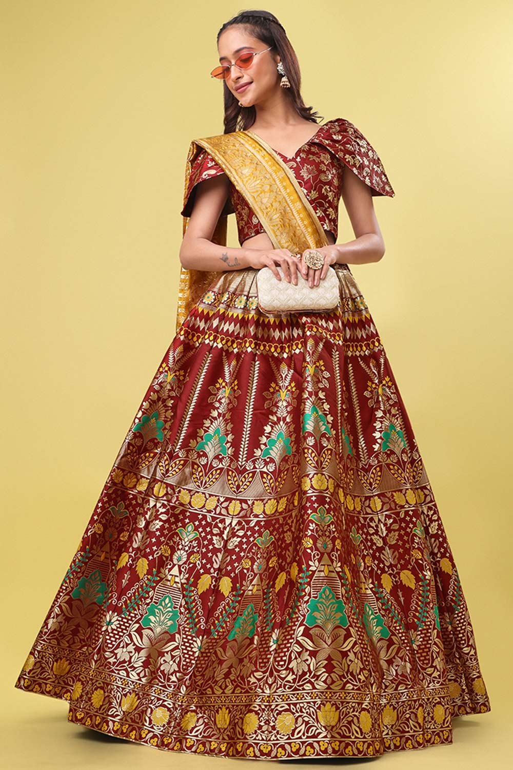 Maroon Jacquard Woven Lehenga Choli