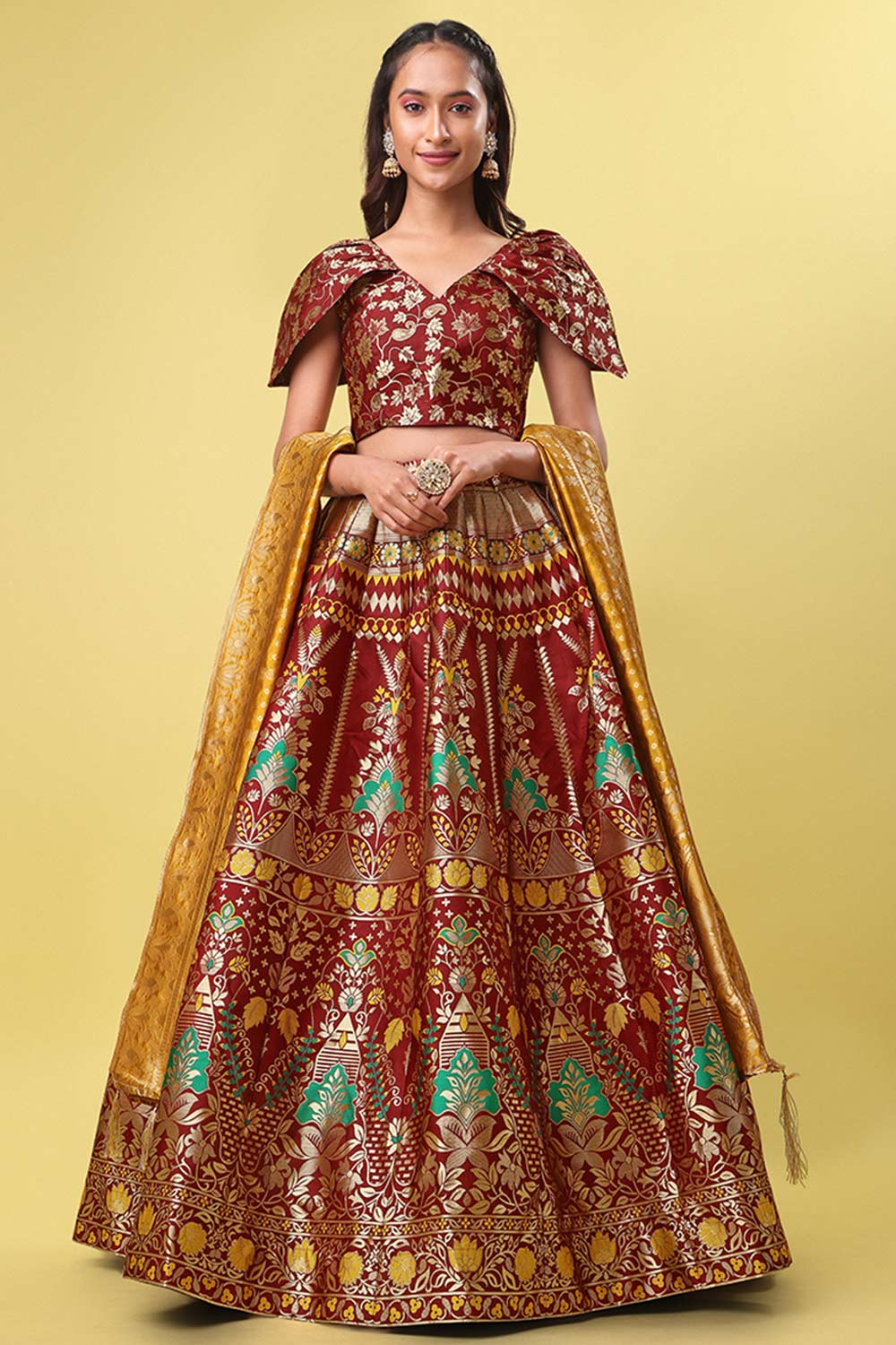 Maroon Jacquard Woven Lehenga Choli