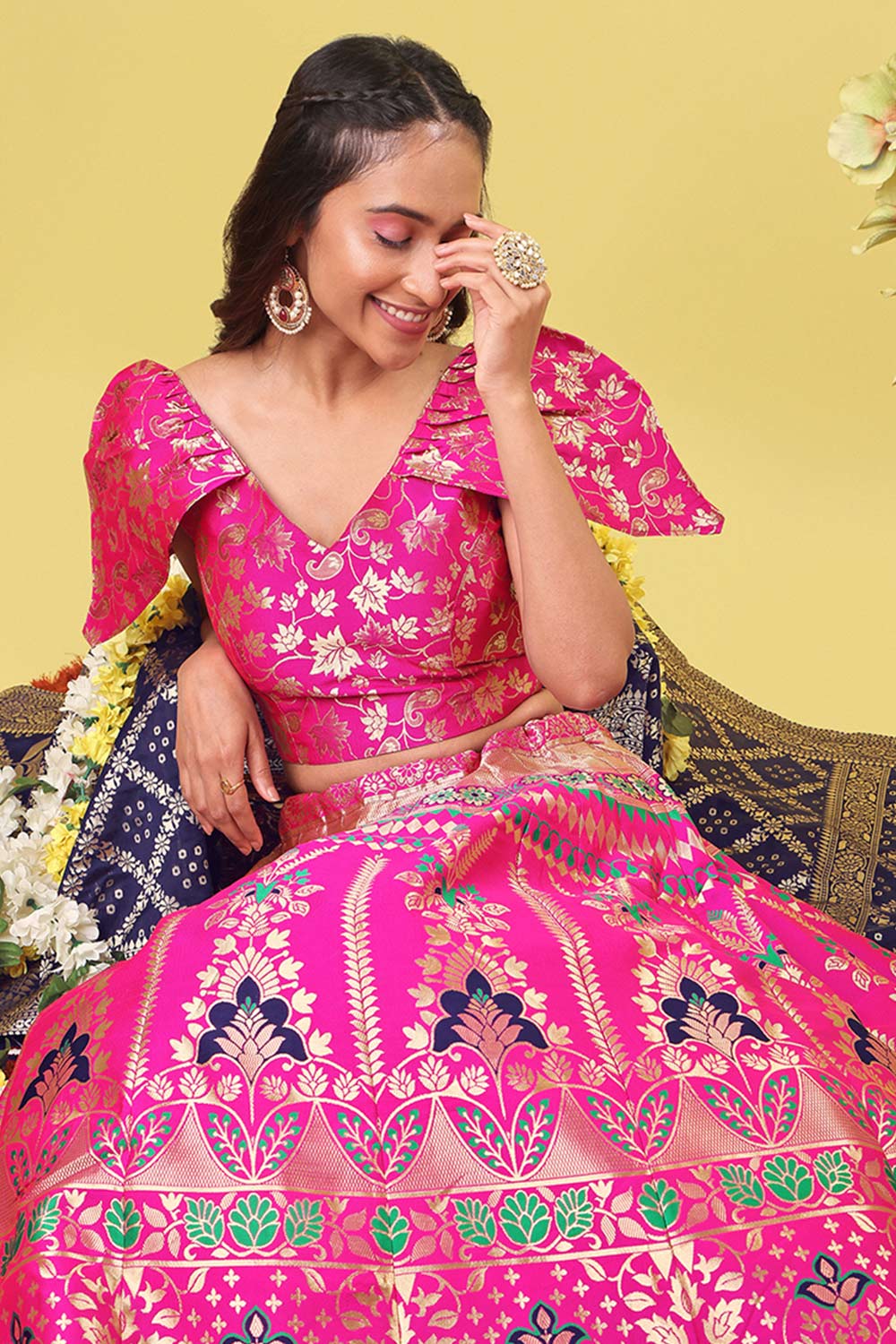 Rani Pink Jacquard Woven Lehenga Choli