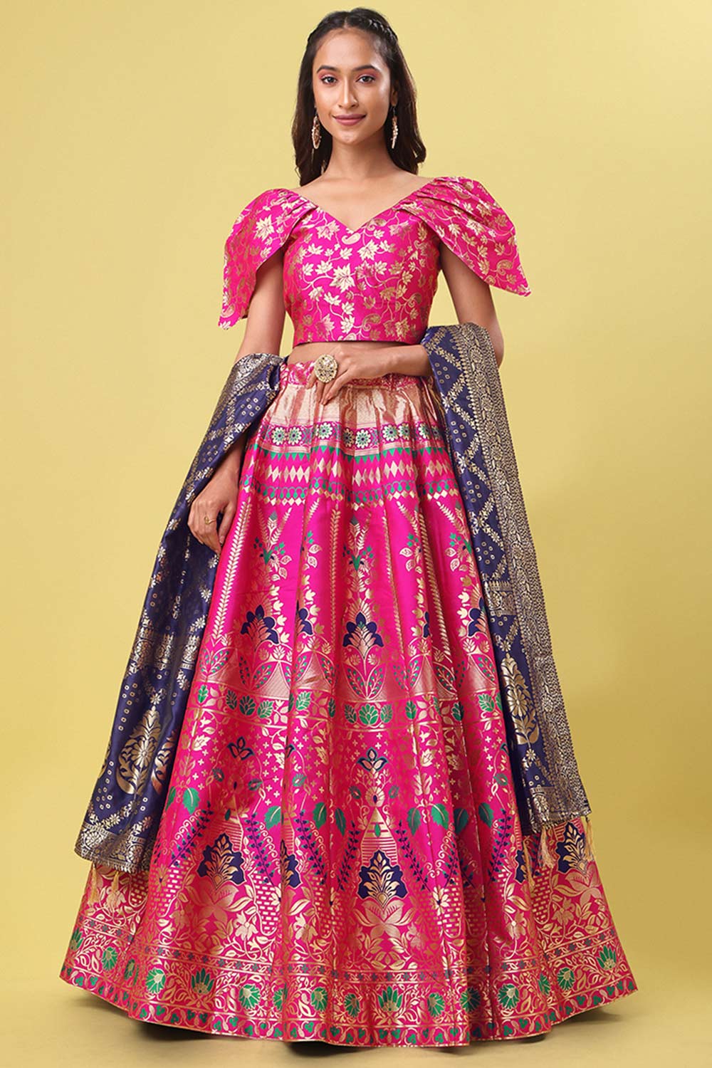 Rani Pink Jacquard Woven Lehenga Choli