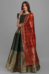 Dark Green Jacquard Woven Lehenga Choli