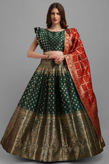 Dark Green Jacquard Woven Lehenga Choli