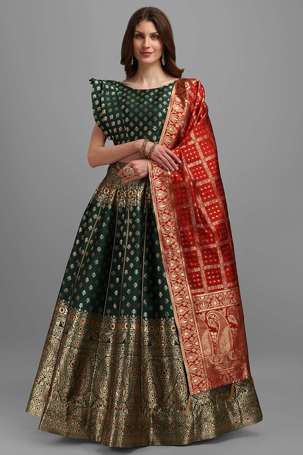 Dark Green Jacquard Woven Lehenga Choli