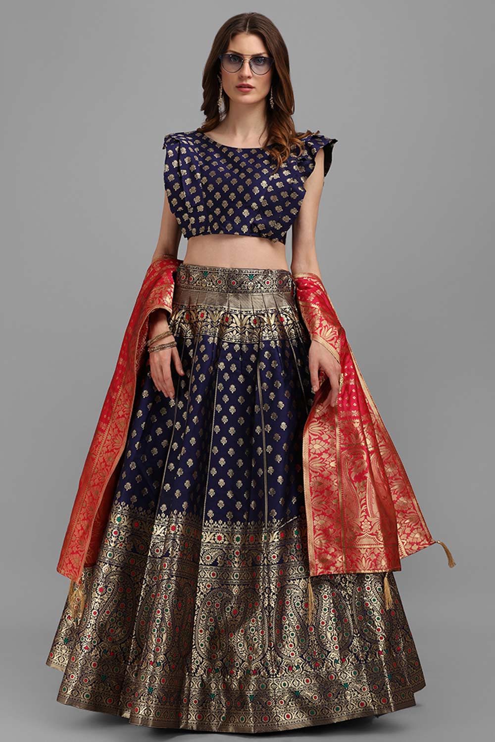 Navy Blue Jacquard Woven Lehenga Choli