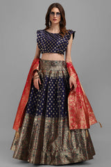 Navy Blue Jacquard Woven Lehenga Choli