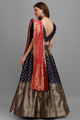 Navy Blue Jacquard Woven Lehenga Choli